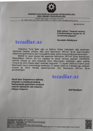 "ŞAKİR" MTK-NIN RƏHBƏRİ BARƏDƏ CİNAYƏT İŞİ TƏZƏLƏNDİ -BAKI ŞƏHƏR PROKURORLUĞU